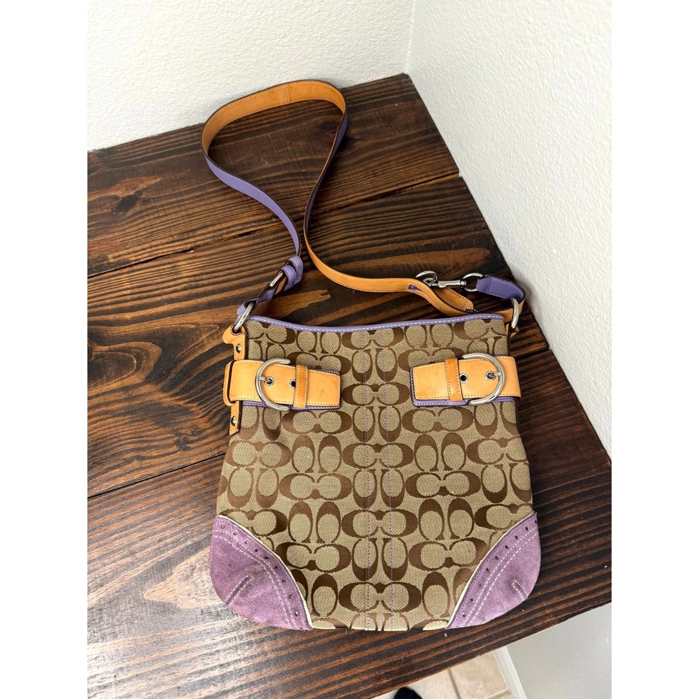 Vintage Coach Signature C Brown Purple Suede Strap Shoulder Bag Purse Crossbody